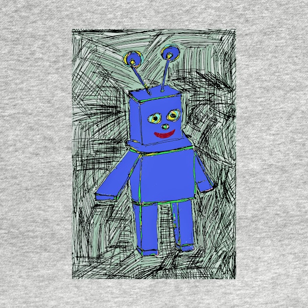 Blue Smiling Happy Robot Pen Drawing by SpieklyArt